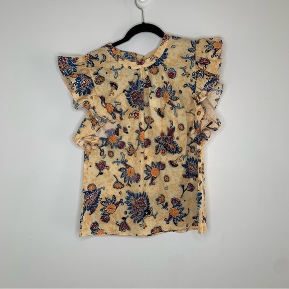 Elie Tahari Floral Ruffle Sleeve Blouse - Cream and Navy - Picture 1 of 11